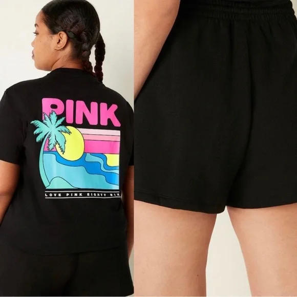 VS Pink SET Black Tropical Campus Tee & Black Tropical Shine 3.5 Campus Shorts